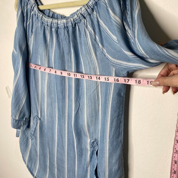 Billy T Blue & White Stripe Linen Off Shoulder 3/4 Tie-Sleeve Back Button Top XS - Picture 12 of 13